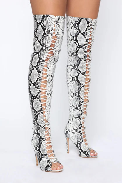 Grey Python Lace-Up High Heel Stiletto Boots