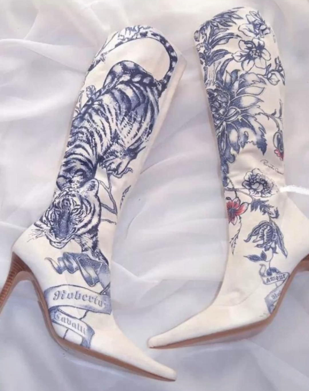Vintage Tattoo Print Knee Length High Heel Boots