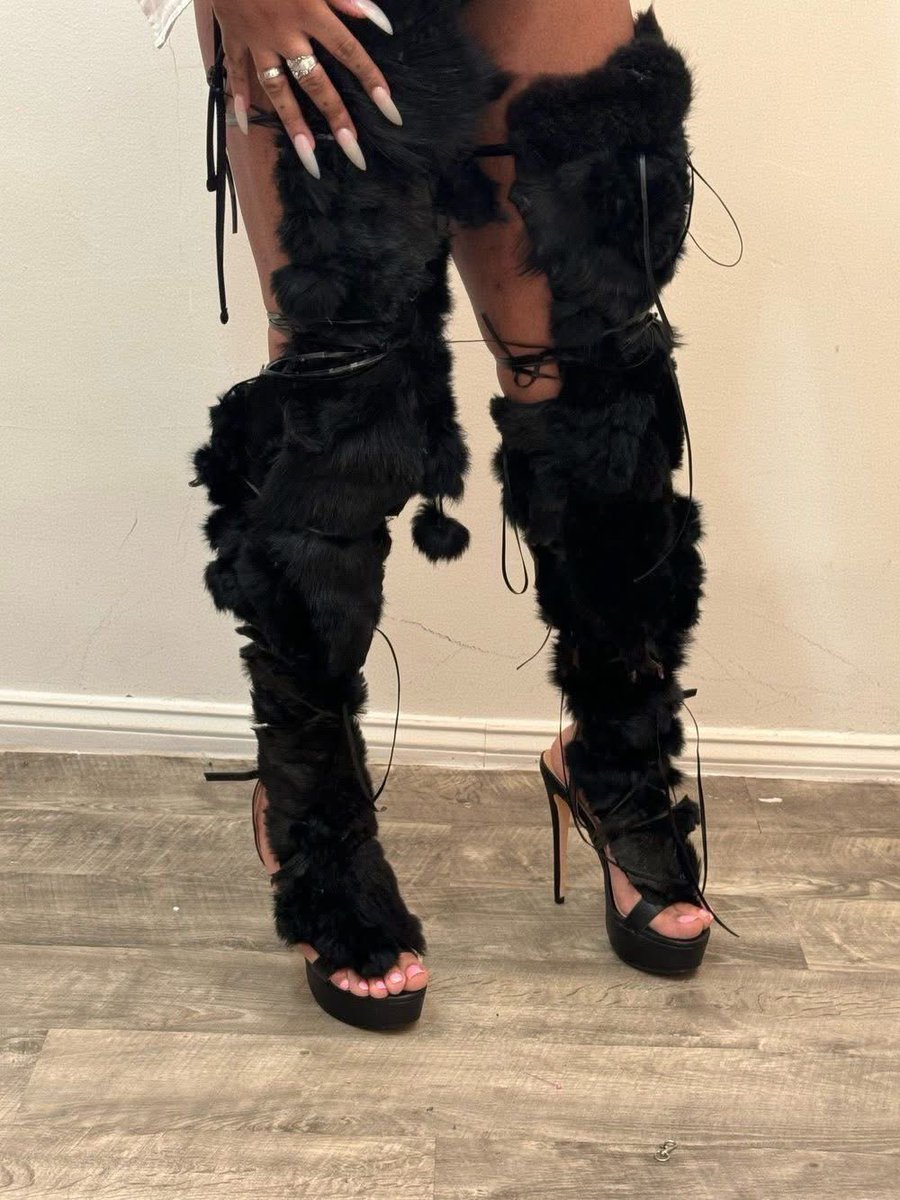 Over The Knee Black Fur Stiletto Sandals