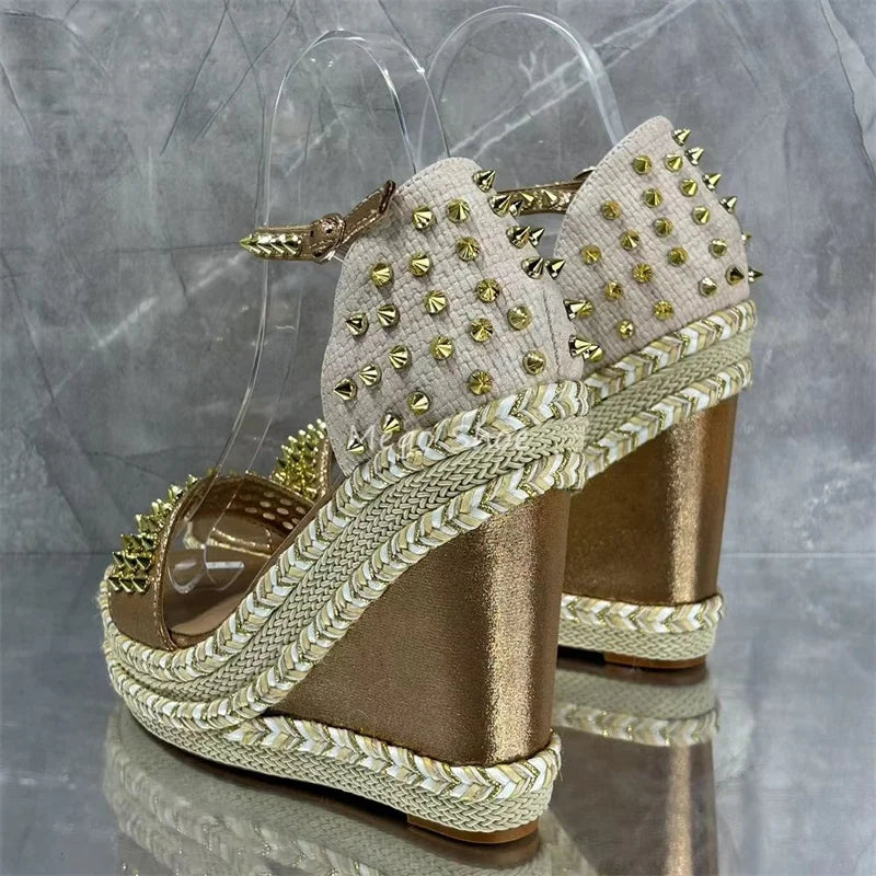 Tweed Rivet Wedge High Heel Sandals