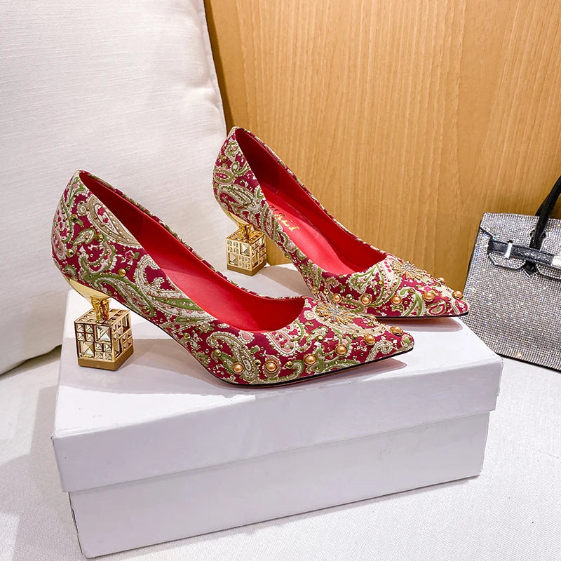 Printed Red & Gold High Heel Pumps