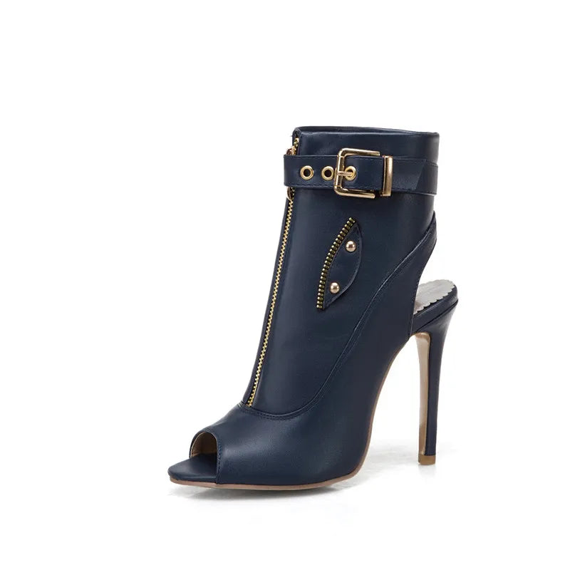 Buckle Front Zipper High Heel Ankle Boots