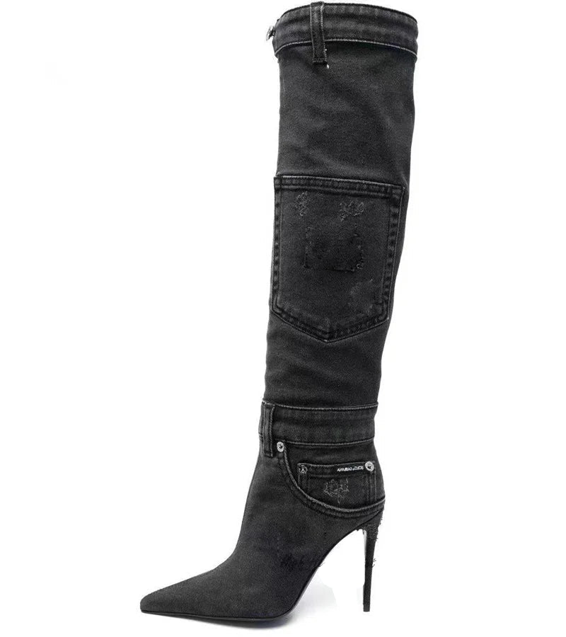 Jean Pocket Design Knee Length High Heel Boots