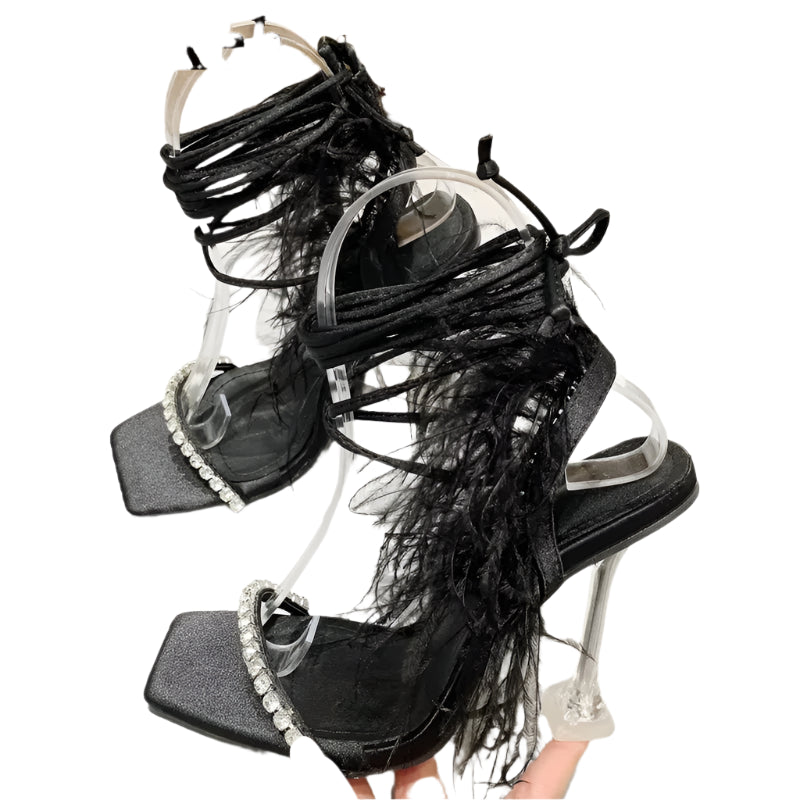 Rhinestone Feather Lace-up Stiletto Heel Sandal