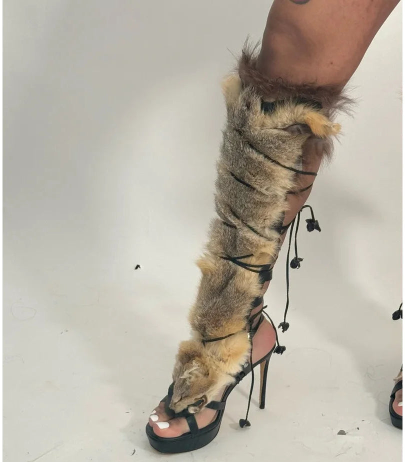 Trimmed Fur Lace-Up Gladiator Stiletto Sandals
