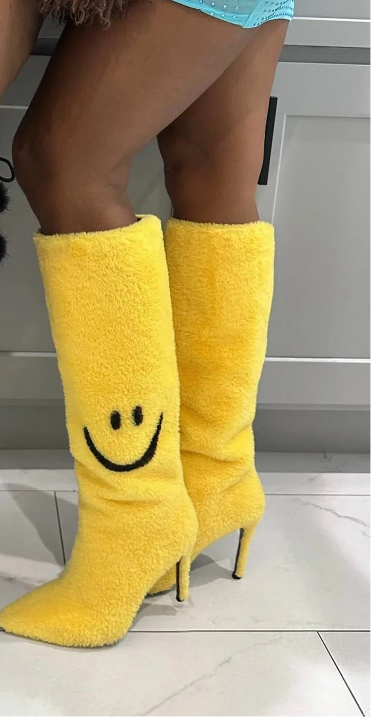 Yellow Smiley Face High Heel Stiletto Boots