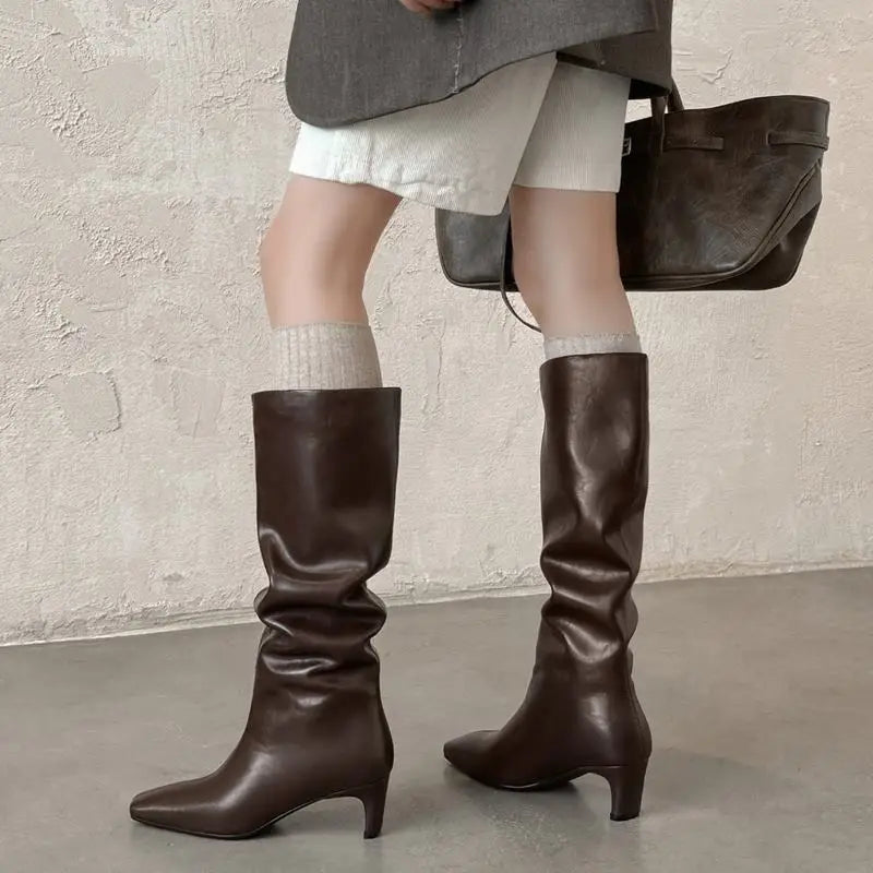 Brown Square-Toe Knee High Boots