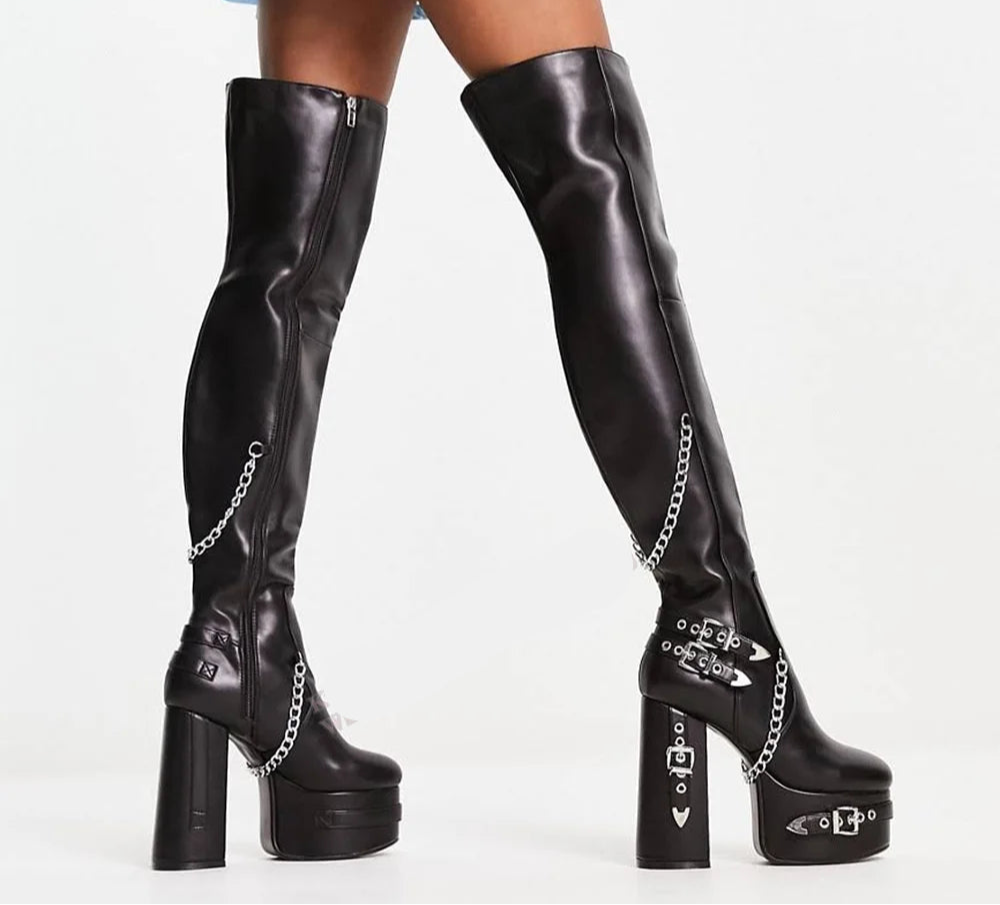 Chain Detailed Over The Knee High Heel Platform Boots