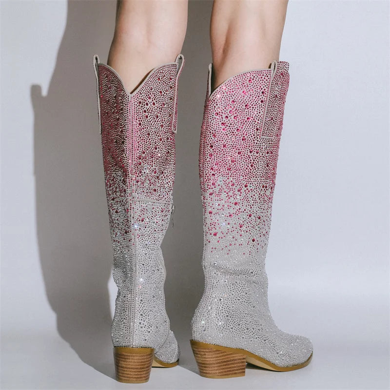 Ombre Rhinestone Cowgirl Block Heel Boots