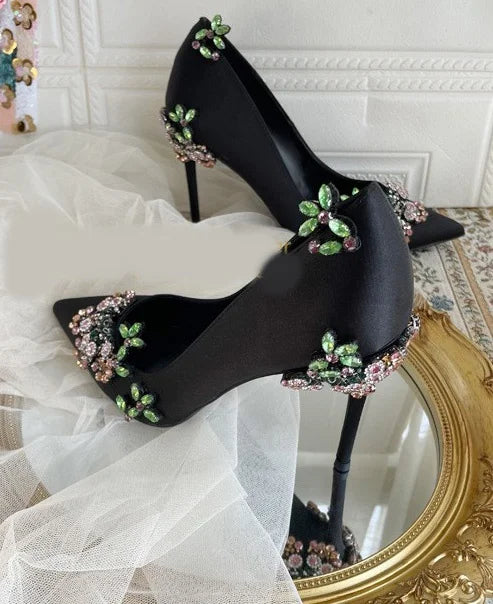 Rhinestone Crystal Flower Satin High Heels