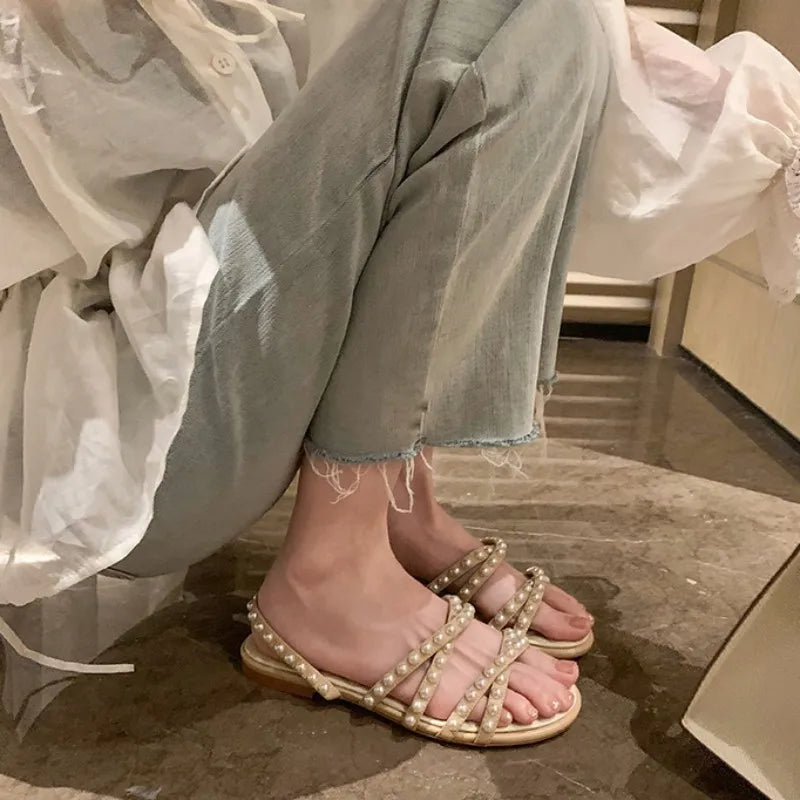 Flat Pearl Strap Slip On Sandals