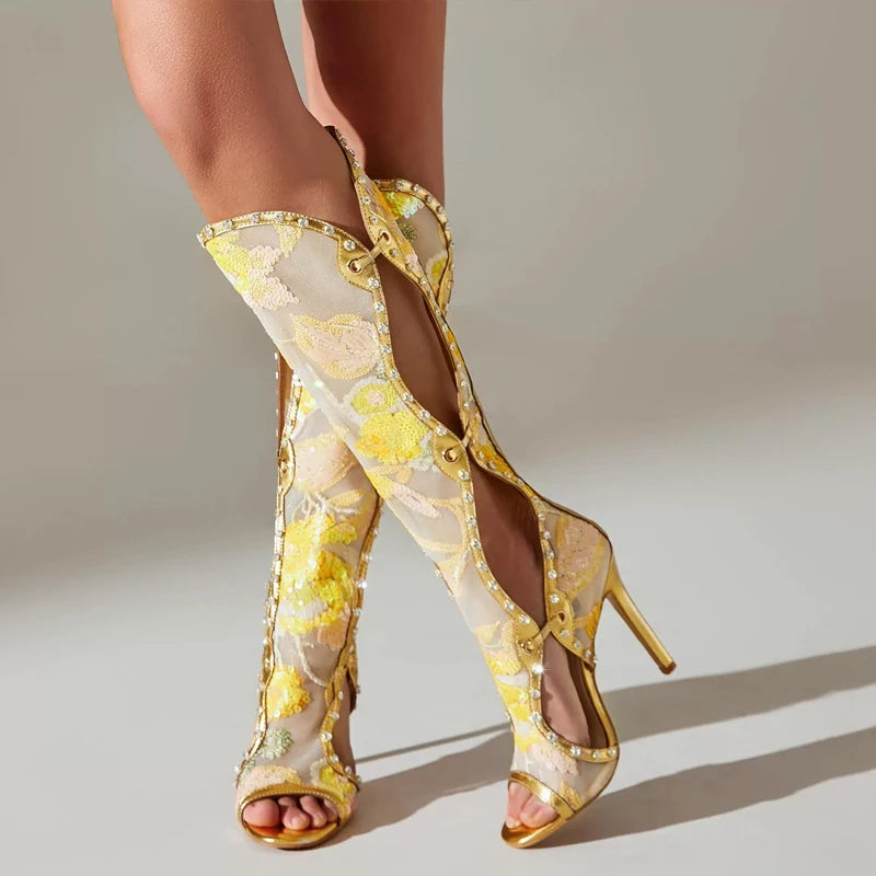Yellow Floral Rhinestone Stilettos Knee-High Open Boots