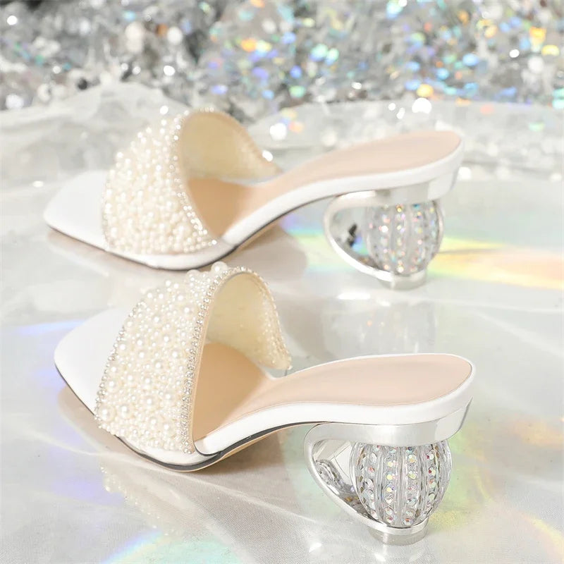 Pearl Embellished Sphere Heel Slip On Mules
