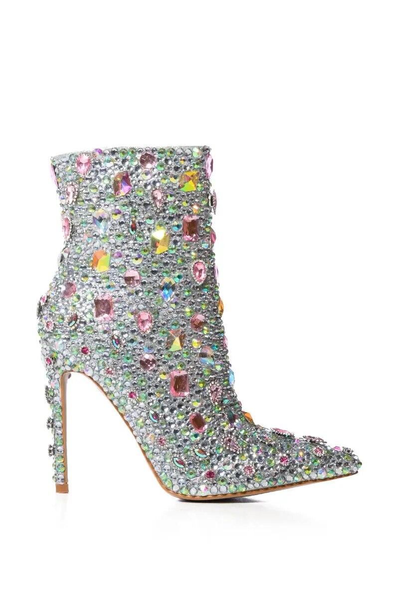 Multi-Color Crystal Mid Calf High Heel Boots