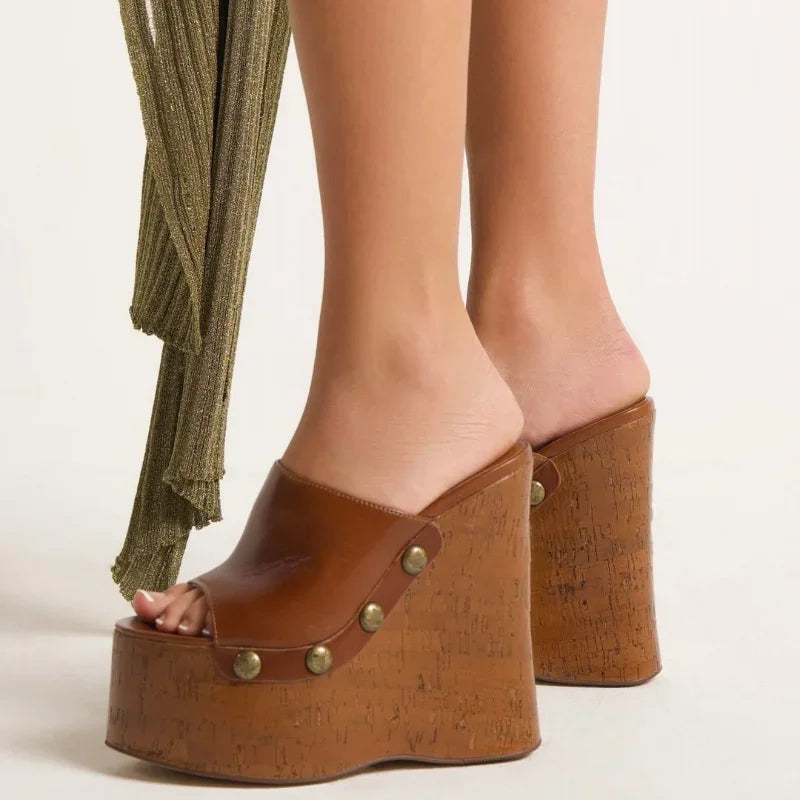 Tulip Tan Platform Wedge Heel Slip On Sandals