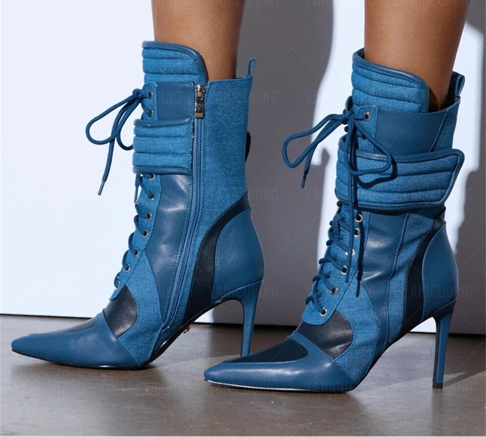 Mid-Calf Motorcycle High Heel Stiletto Boots