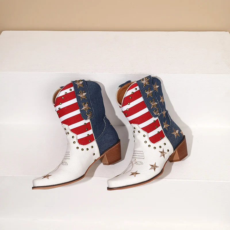 Western Cowboy USA Flag High Heel Ankle Boots