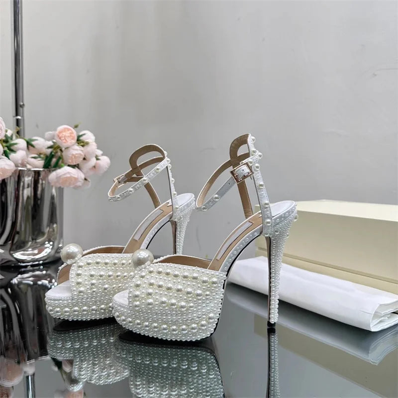 Pearl Covered Stiletto High Heel Sandals