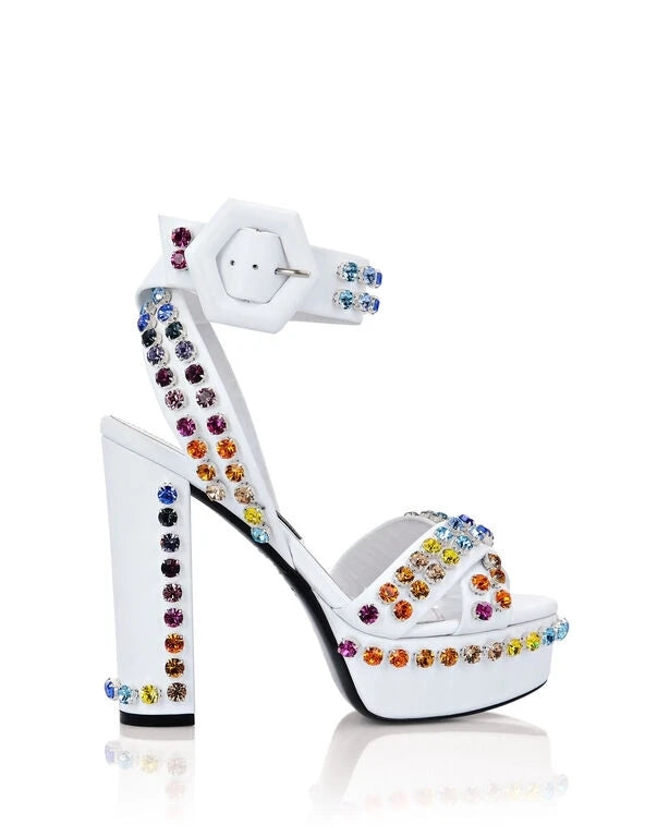 Multi-Color Crystal Stud Block Heel Sandals