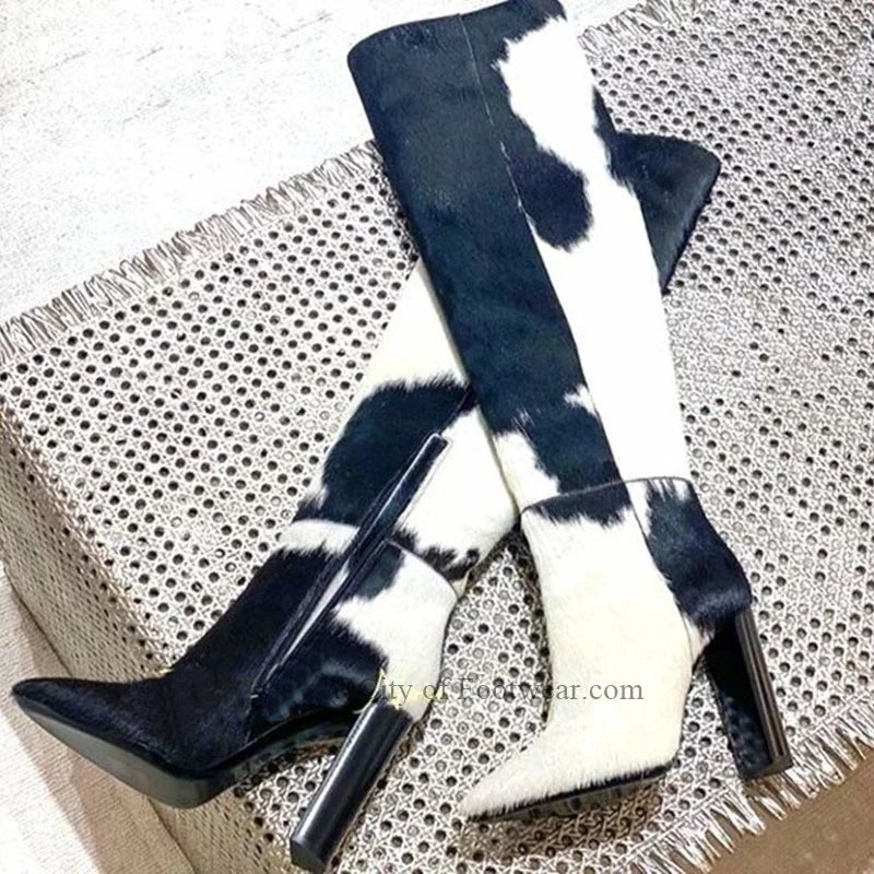 Black & White Print Block Heel Boots Inspired By Saint Laurent