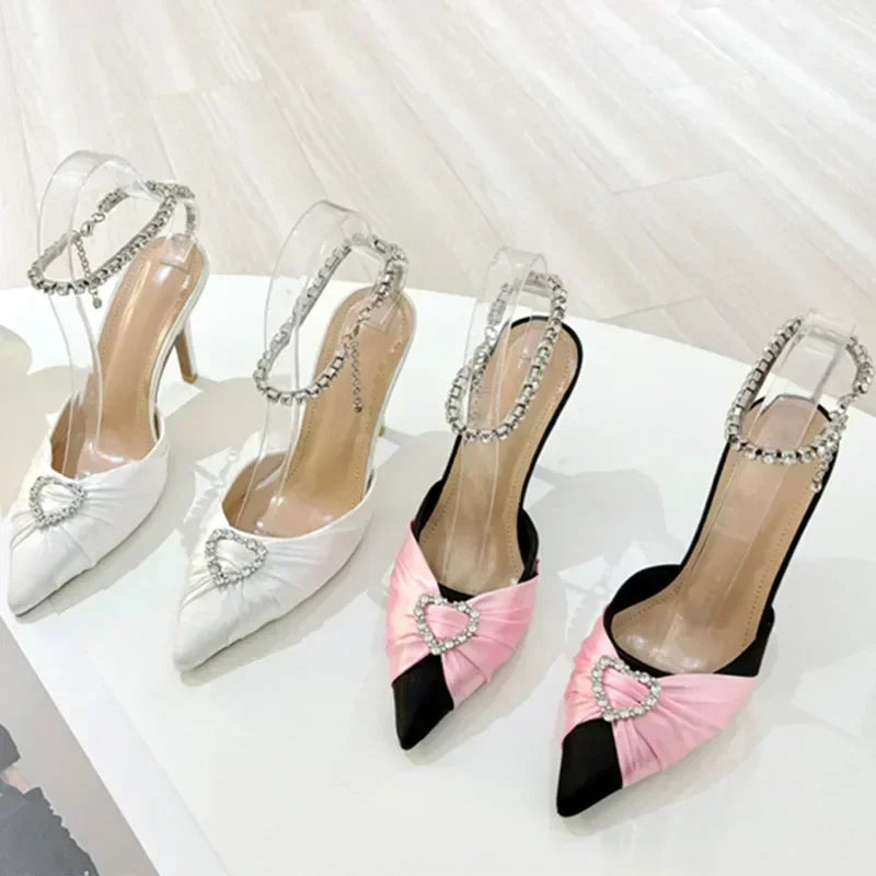 Heart Embellished Crystal Strap High Heel Pumps