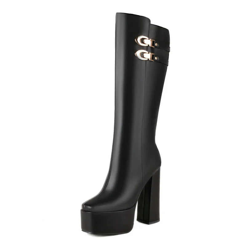 Skin Tight Double Buckle Clip Platform High Heel Boots