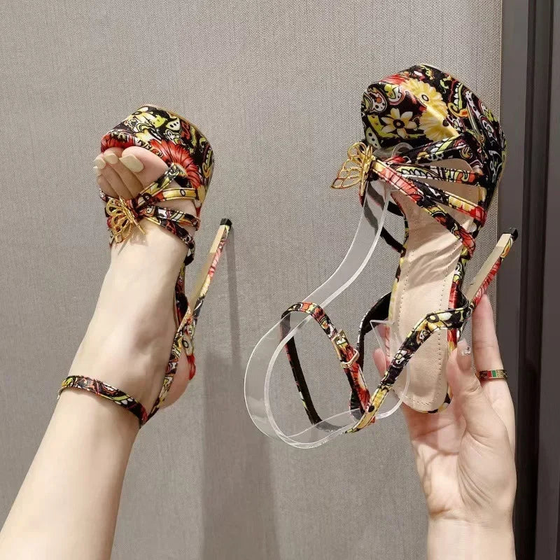 Retro Floral Print High Heel Platform Sandals