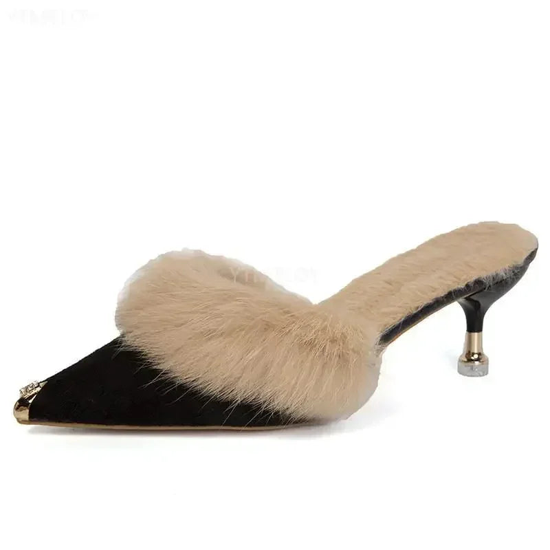 Fur Slip On Kitten Heel Pumps