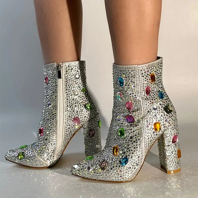 Rhinestone Gem Crystal High Heel Ankle Boots