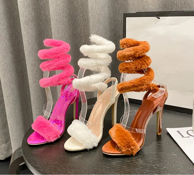 Fuzzy Wrap Up High Heel Sandals