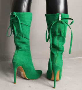 Green Slit Strappy Zipper High Heel Boots