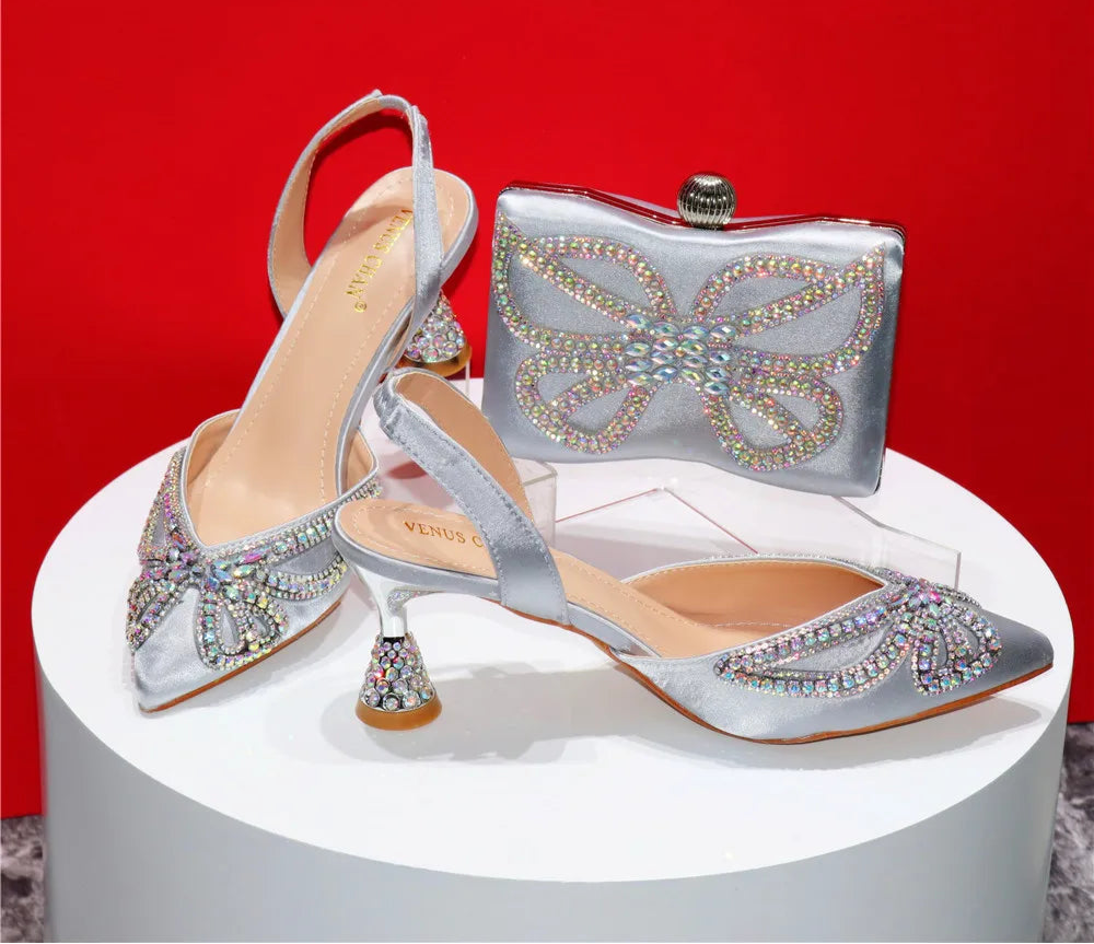 Rhinestones Butterfly Design Kitten Heel Pumps