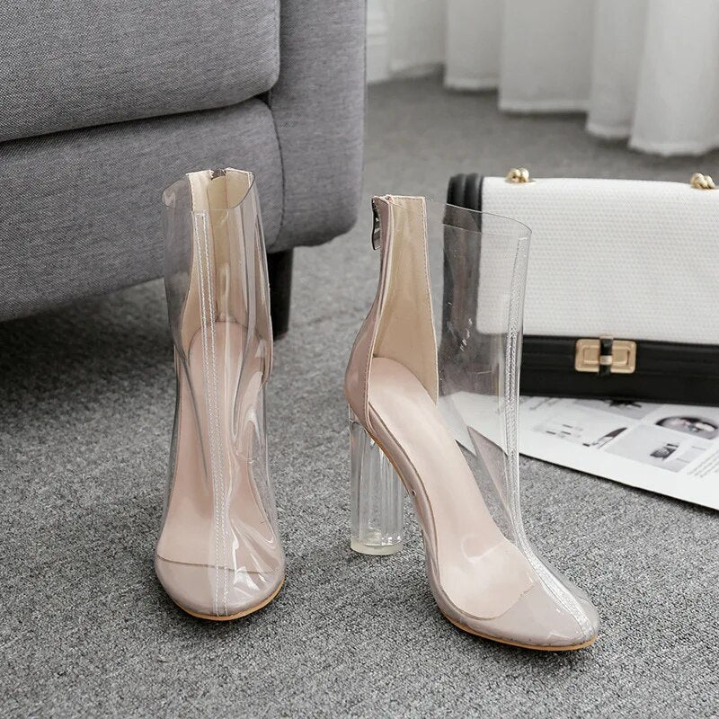 Transparent Zipper High Heel Ankle Boots