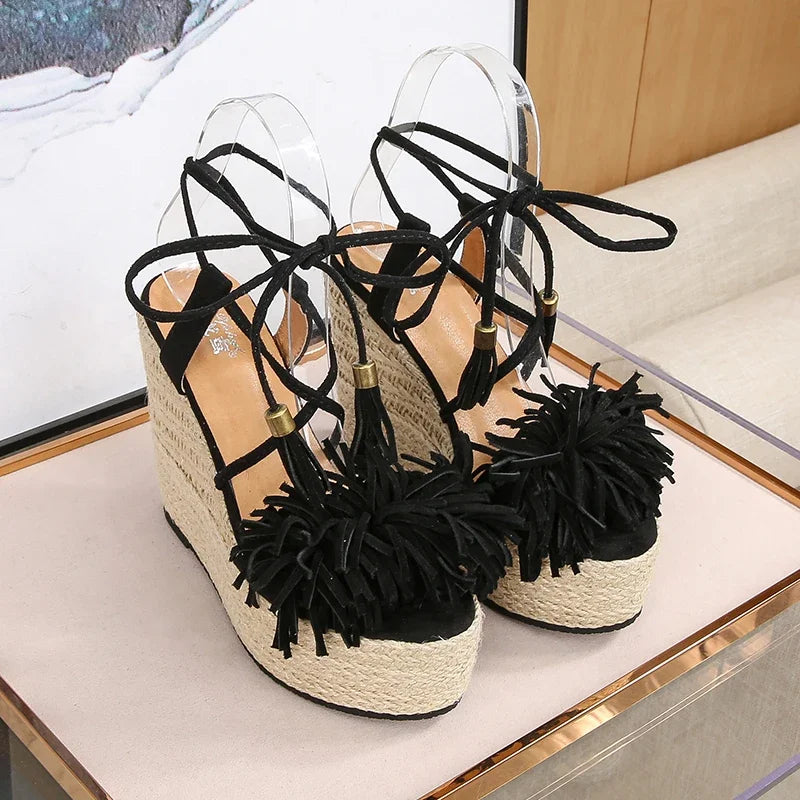 Ruffle Trim Lace Up Wedge Sandals