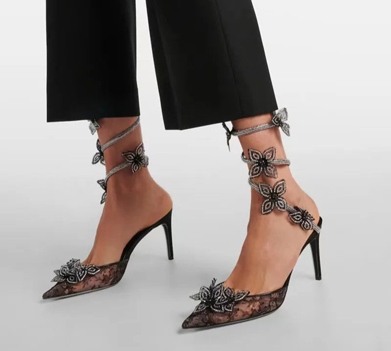 "Floriane" Lace Up High Heel Pumps Inspired By René Caovilla