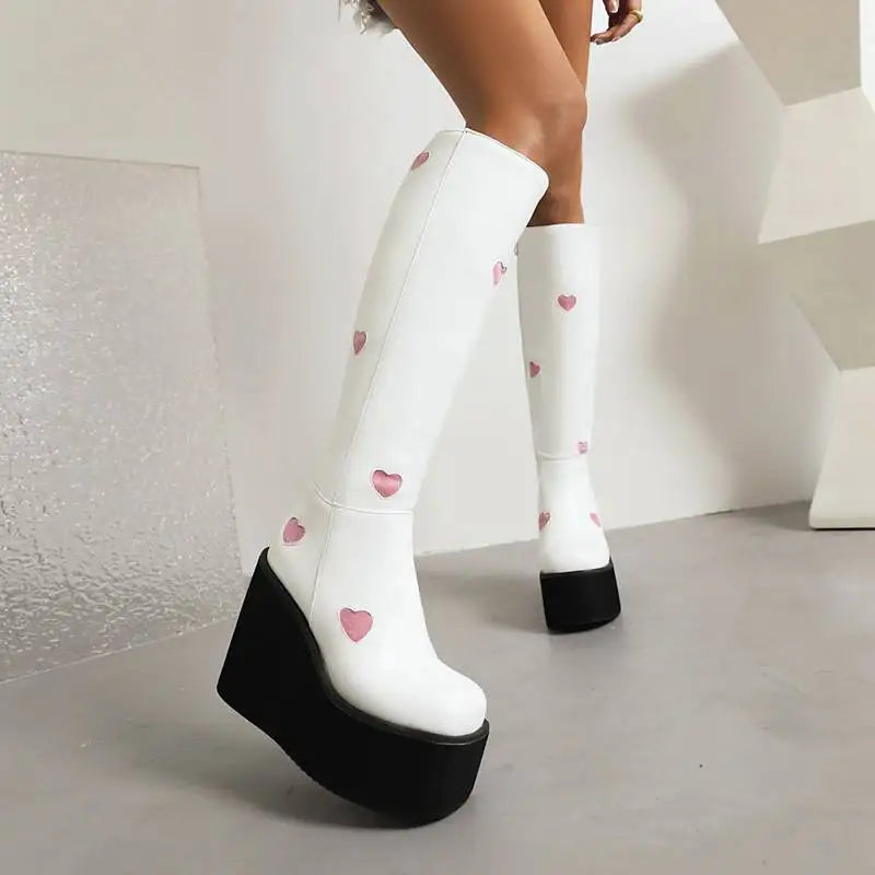 Love Heart Skin Tight Platform Knee High Boots