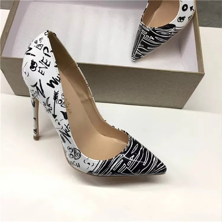 Modern Graffiti Black And White High Heel Pumps