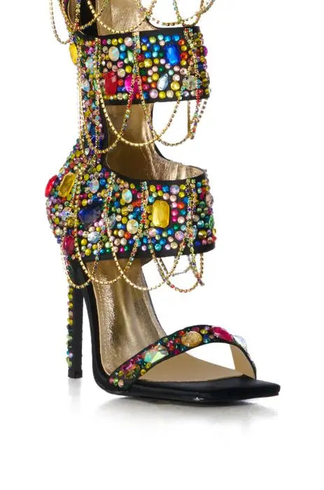 Multi-Cuff Embellished Gold Chain Stiletto Sandals
