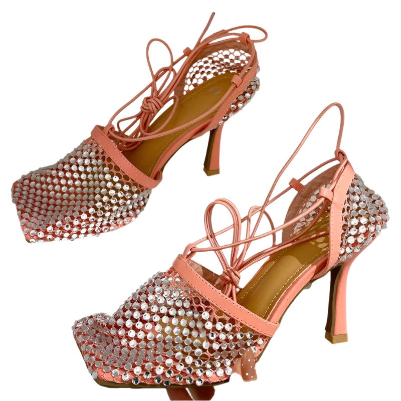Sparkle Stretch Lace-Up High Heel Sandals Inspired By Bottega Veneta