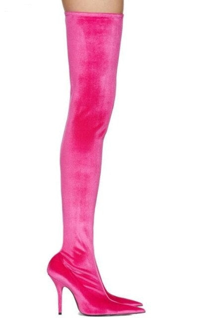 Pink Velvet Thigh High Zip Up Boots- Sansa Costa