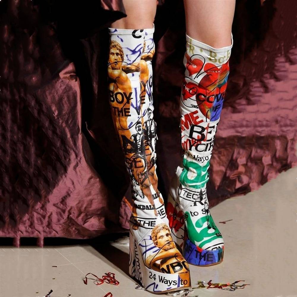Vintage Printed Knee-High Boots - Sansa Costa