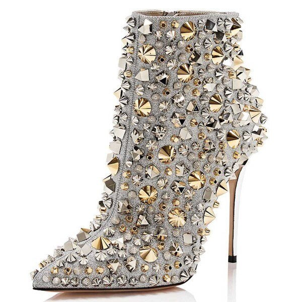 Rivets And Rhinestones Side Zip Ankle Boots - Sansa Costa