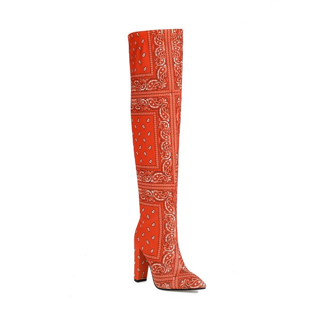 Floral Print Thick Heel Over-The-Knee Boots- Sansa Costa