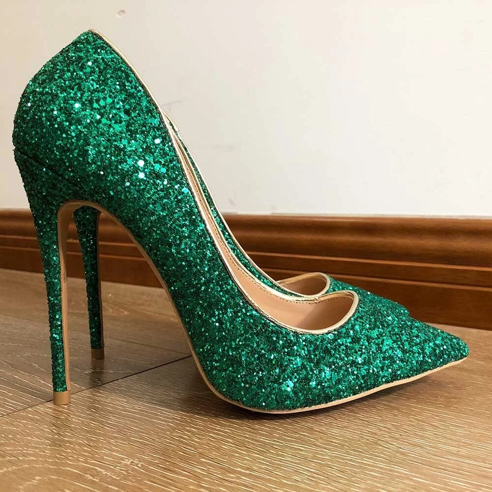 Glitter Peacock Green Sequins Pumps- Sansa Costa