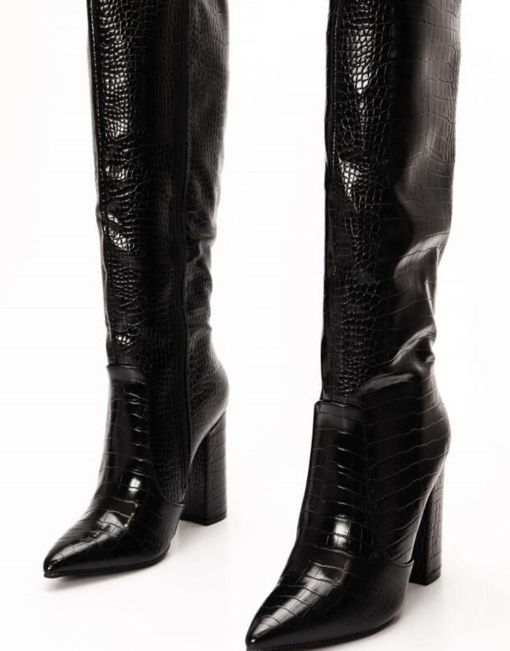 Flat Heel Metallic Croc Knee High Boots