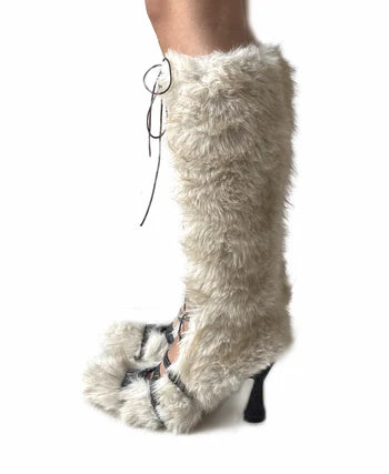 Fur Lace-Up High Heel Boots Inspired By Azelea Wang