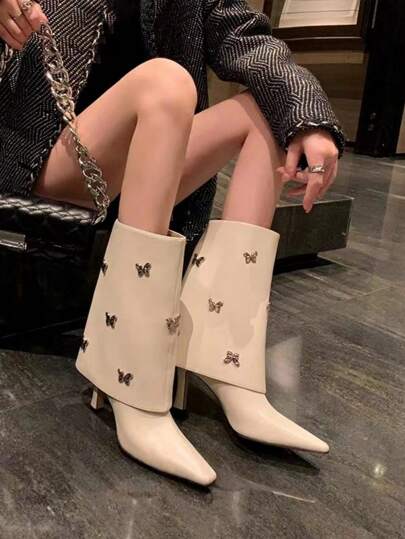 Wide Mid-Calf Butterfly Studded High Heel Boots