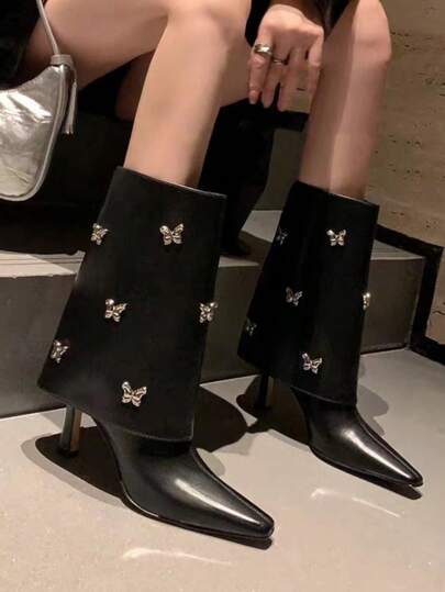 Wide Mid-Calf Butterfly Studded High Heel Boots