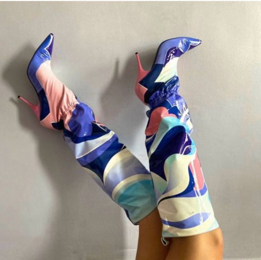 Abstract Multicolor Colour Knee High High Heel Boots