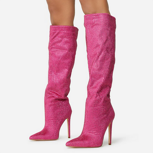 Sparkly Pink Rhinestone Knee Length High Heel Boots
